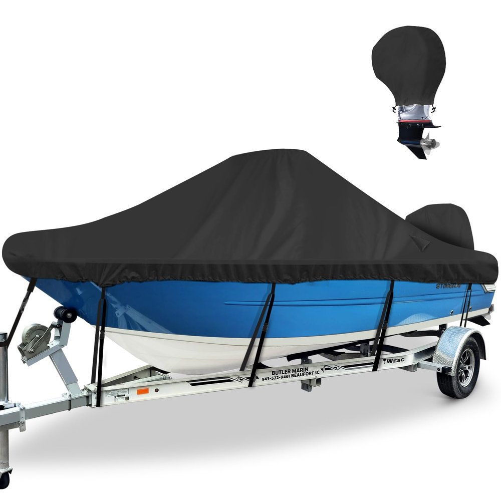 BOATPRO Waterproof Center Console Boat Cover 17-19ft, Heavy Duty 1300D Marine Grade Polyester Canvas 17 18 ft 19 Foot Boat Center Console Covers, Black
