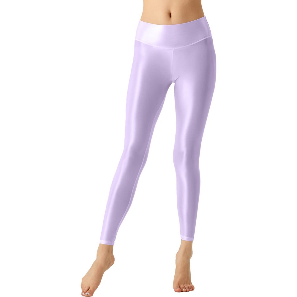 iiniim Women's Glossy Oil Yoga Pants Tights Training Sports Fitness Leggings Pantyhose High Waist Pants Purple X-Large