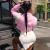 Women Cropped Varsity Jacket Retro Baseball Jacket Bomber Coat Streetwear Pink view 2