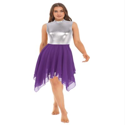 Aislor Women Liturgical Praise Dance Dress Sleeveless Color Block Tunic Lyrical Contemporary Dance Costume Purple Large