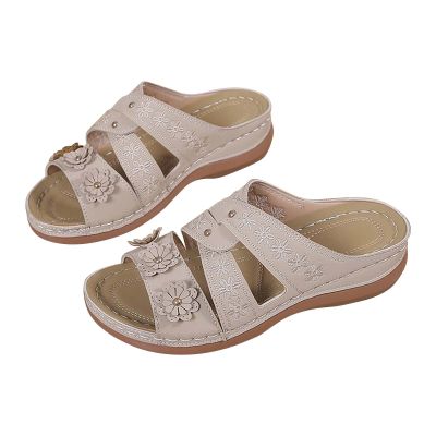 oiangi Orthopedic Sandals for Women Arch Support Summer Comfortable Wedge Fish Mouth Open Toe Flower Embroidery Slip on Slides Ladies Casual Shoes Slippers