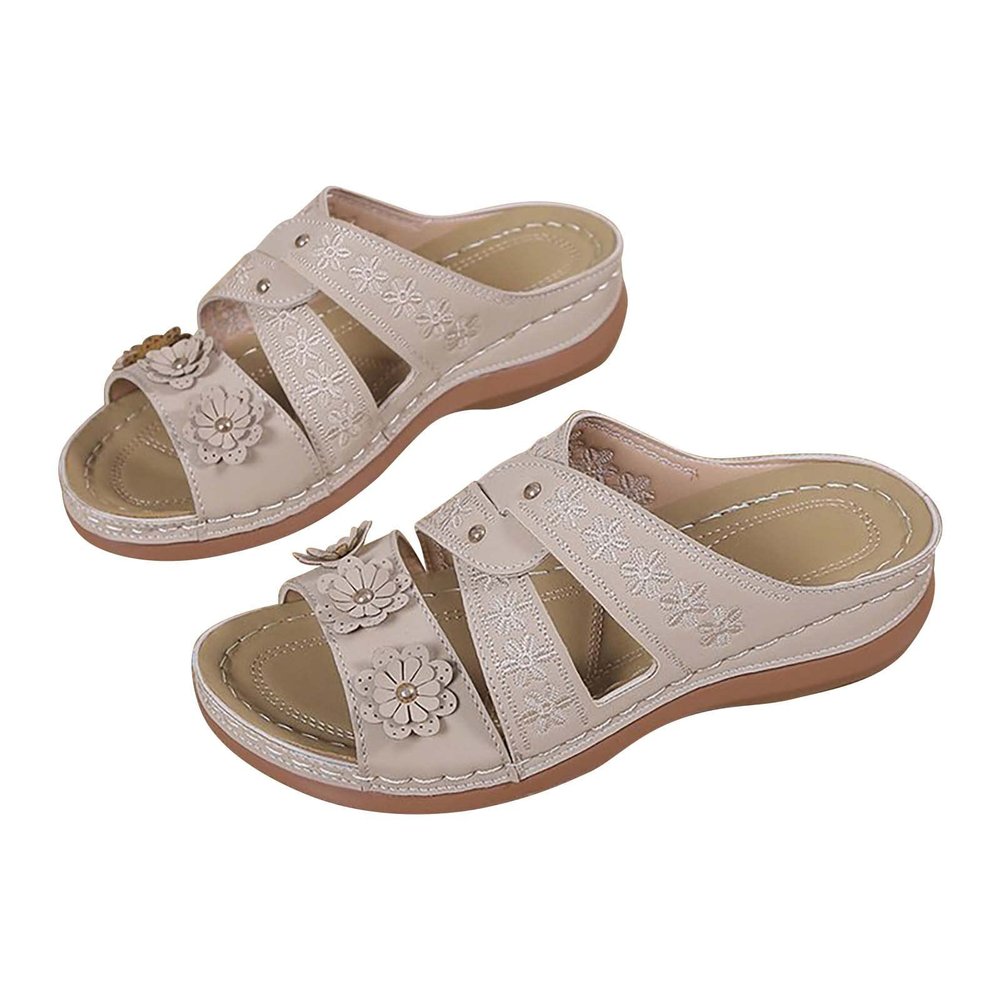 oiangi Orthopedic Sandals for Women Arch Support Summer Comfortable Wedge Fish Mouth Open Toe Flower Embroidery Slip on Slides Ladies Casual Shoes Slippers
