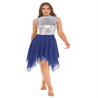 Aislor Women Liturgical Praise Dance Dress Sleeveless Color Block Tunic Lyrical Contemporary Dance Costume Blue X-Large