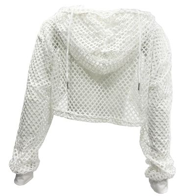 DRHOM Women's Short Sweatshirt Crop Top Mesh Fishnet Hollow Out Long Sleeve Pullover Hoodie Shirts (White, Medium)