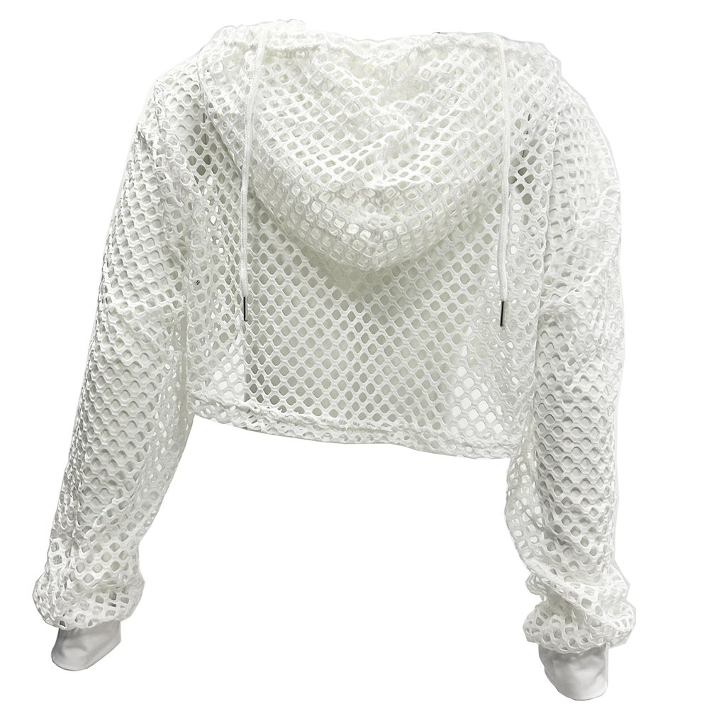 DRHOM Women's Short Sweatshirt Crop Top Mesh Fishnet Hollow Out Long Sleeve Pullover Hoodie Shirts (White, Medium)