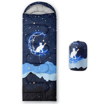 Axolotl Moon Stars Forest Cat Camping Lightweight Warm Portable Waterproof Sleeping Bag with Compression Sack for Backpacking Hiking, Blue, Adults