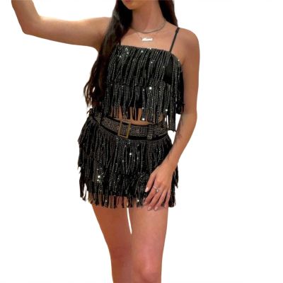 Women Sequins Tassel Skirts Outfits Sexy Spaghetti Straps Cami Crop Top Mini Skirt Set Club Streetwear (Black, L)