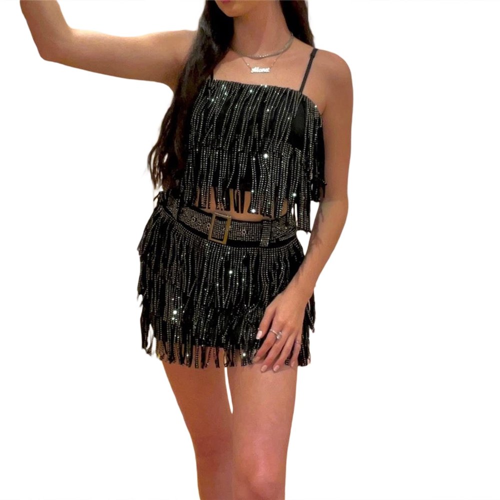 Women Sequins Tassel Skirts Outfits Sexy Spaghetti Straps Cami Crop Top Mini Skirt Set Club Streetwear (Black, L)