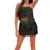 Women Sequins Tassel Skirts Outfits Sexy Spaghetti Straps Cami Crop Top Mini Skirt Set Club Streetwear (Black, L) view 2
