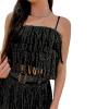 Women Sequins Tassel Skirts Outfits Sexy Spaghetti Straps Cami Crop Top Mini Skirt Set Club Streetwear (Black, L) view 3