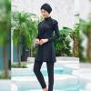AWIBMK Burkini Swimsuits for Women Modest Muslim Swimwear Long Sleeve Ruffle Solid Color Full Cover Hijab Swim Top Pants Ladies Arabic Islamic Bathing Suit Swimming Beachwear A# Black S view 2