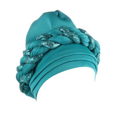 African Women Turban Cap Black Women Sequins Headscarf Twisted Braid Wrap Hat Cancer Muslim (Green #3, One Size)