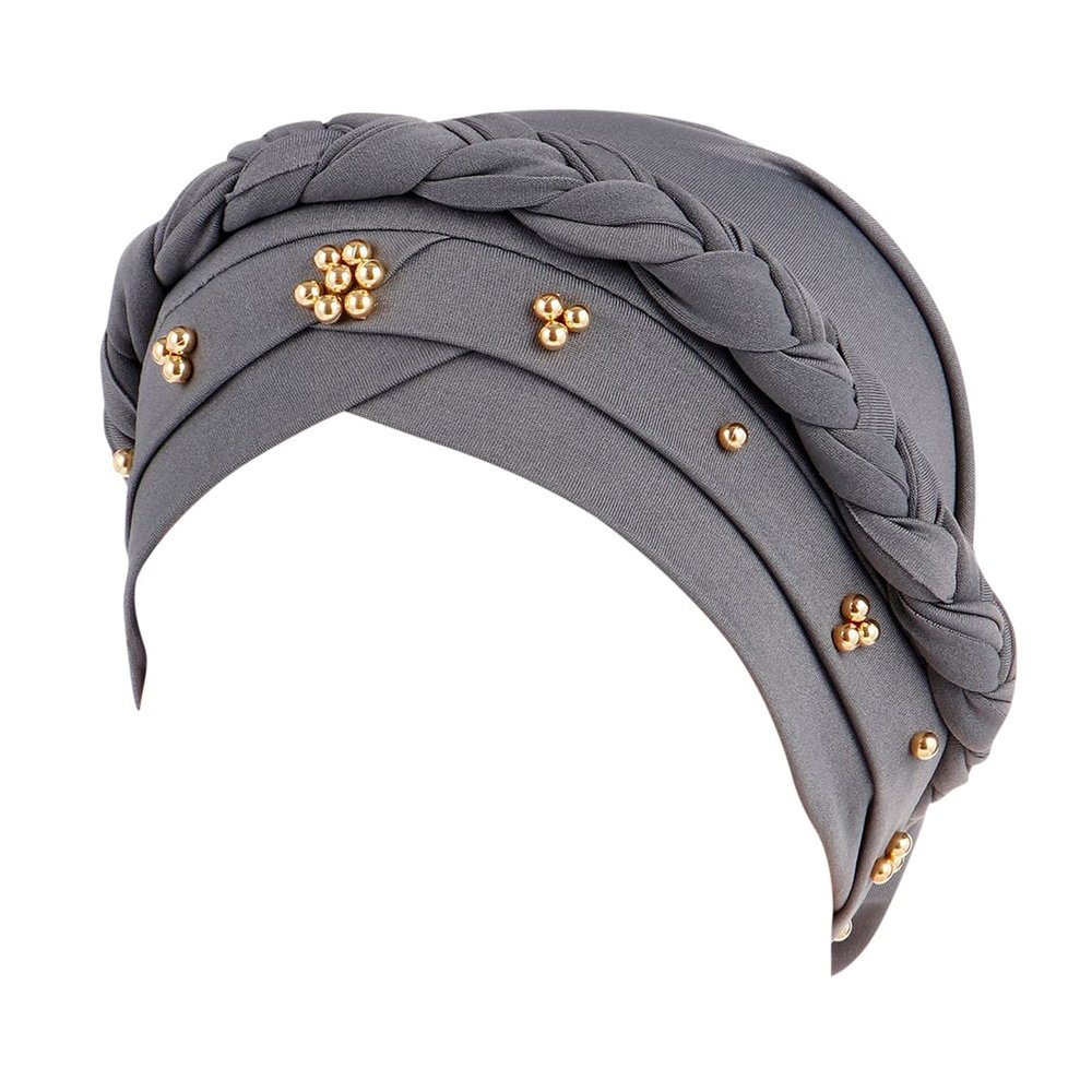 African Women Turban Cap Black Women Sequins Headscarf Twisted Braid Wrap Hat Cancer Muslim Headwrap (Grey #1, One Size)
