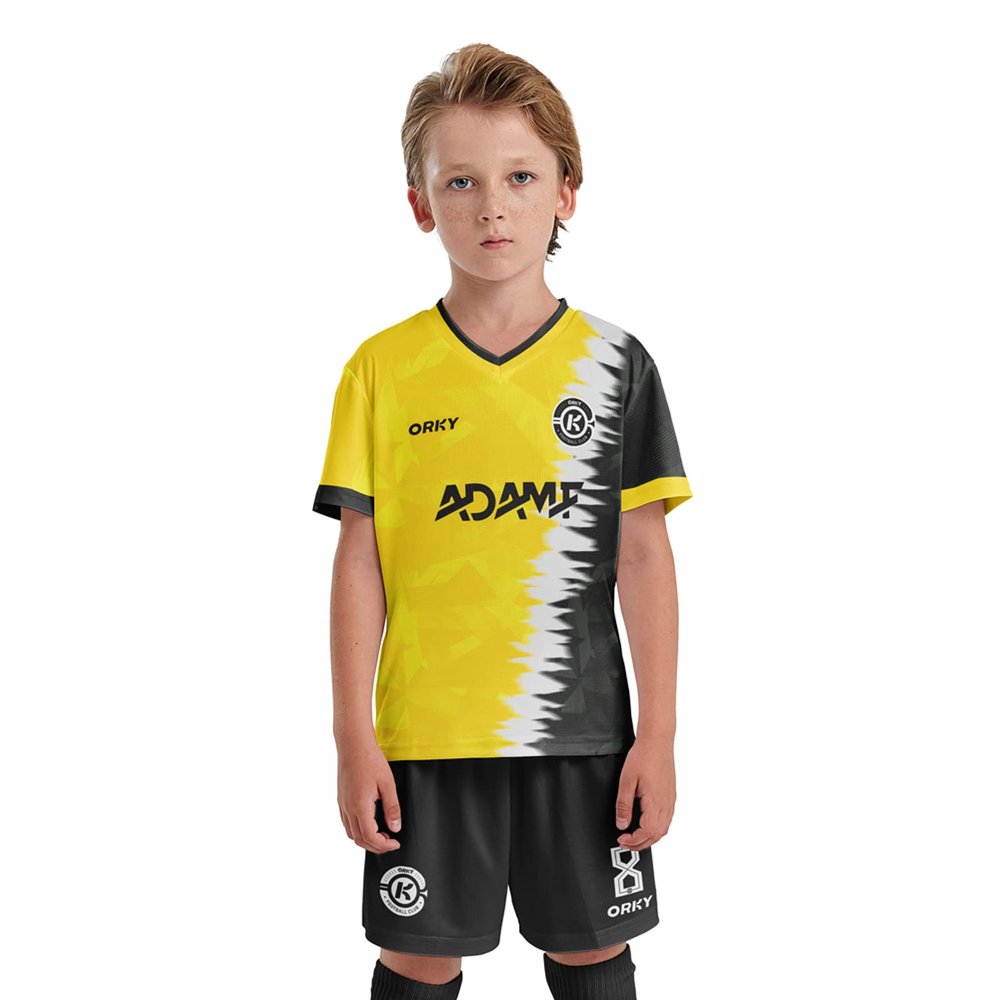 ORKY Kid Custom Soccer Jersey, Boy Personalize Name Futbol Shirt Short Set, Girl Tournament Match Uniform (Yellow 160cm)