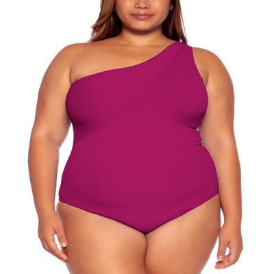 BECCA ETC Womens Plus Size Asymmetrical Neck One Piece Swimsuit Pomegranate 2X