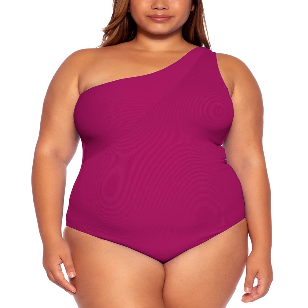 BECCA ETC Womens Plus Size Asymmetrical Neck One Piece Swimsuit Pomegranate 2X