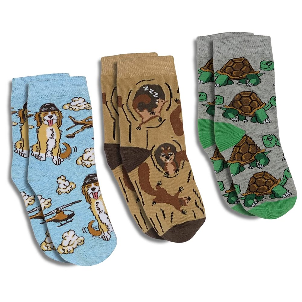 Good Luck Sock Cockapoo Pilot, Squirrels and Tortoises Kids Socks, 3-Pack, 4-7 Years
