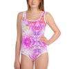 Kids Youth Swimwear One-Piece Swimsuit Pink Lilac Abstract Print view 1