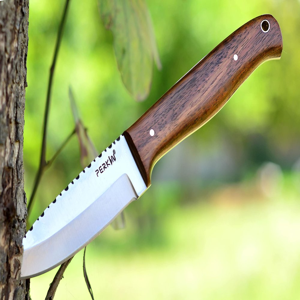 Perkin Fixed Blade Hunting Knife Full Tang with Leather Sheath, Solid & Sharp Blade Outdoor Survival Hunting Knife, Comfortable Wooden Handle Bushcraft Knife Camping Knife for Men and Women BUSH-9