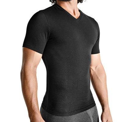 Rounderbum Mens Compression Tech Slim Fit Cotton T-Shirt Black, Large Seamless Compression Undershirt That Slims Abs, Supports Back & Improves Posture, Comfortable Cotton Blend, 2 Colors