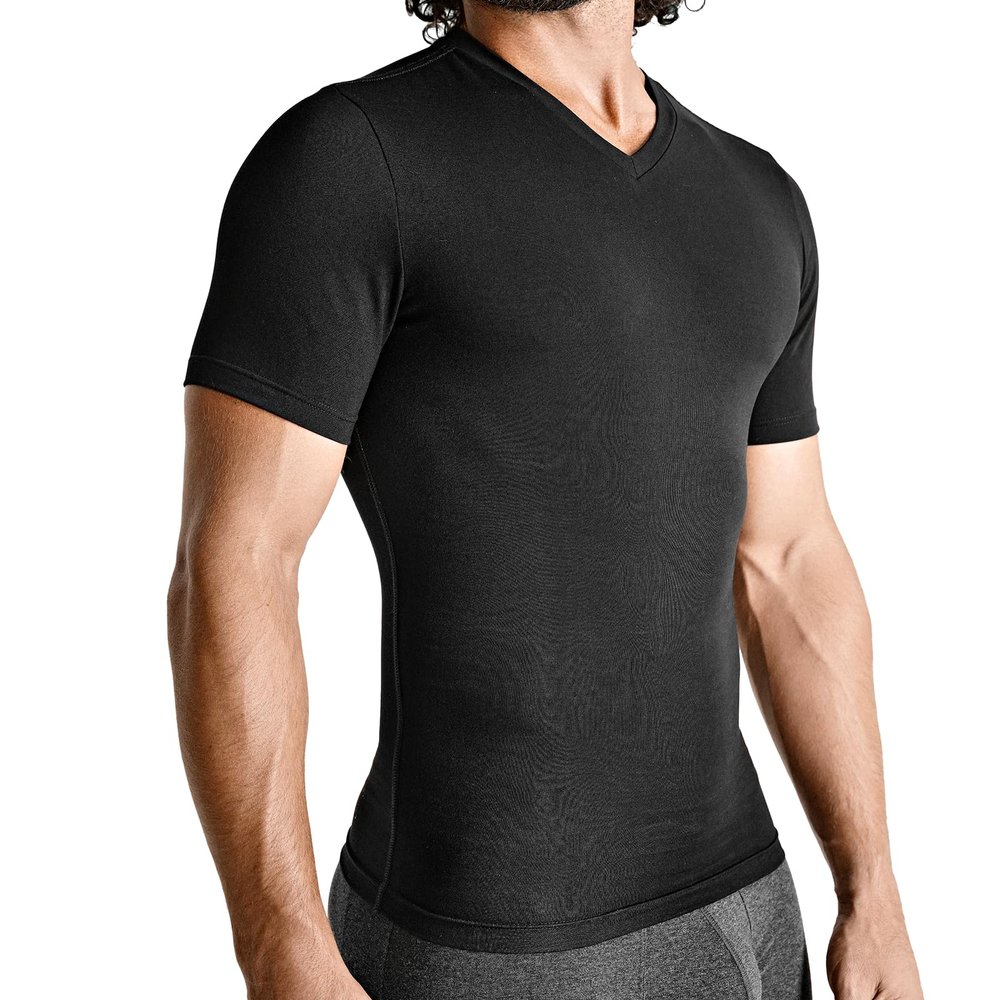 Rounderbum Mens Compression Tech Slim Fit Cotton T-Shirt  Black, Large  Seamless Compression Undershirt That Slims Abs, Supports Back & Improves Posture, Comfortable Cotton Blend, 2 Colors