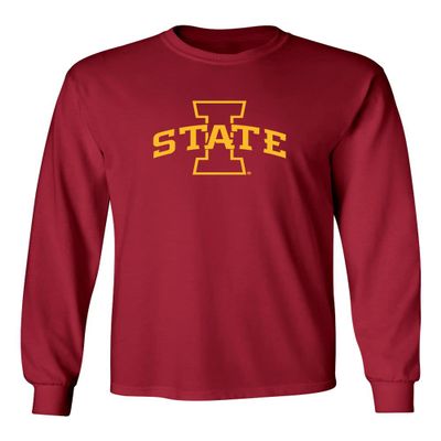 CornBorn Iowa State Long Sleeve Shirt - Iowa State Apparel - ISU Shirt - I-State Primary Logo Gold Ink - Cardinal - Medium