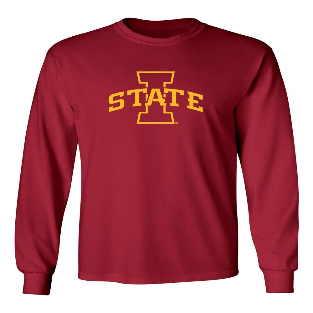 CornBorn Iowa State Long Sleeve Shirt - Iowa State Apparel - ISU Shirt - I-State Primary Logo Gold Ink - Cardinal - Medium