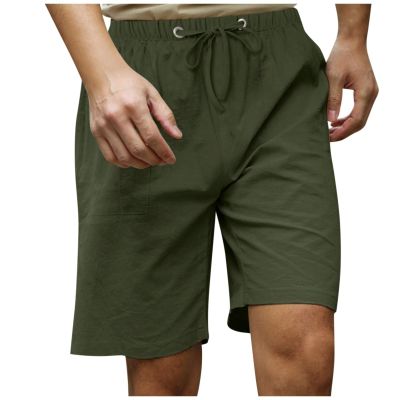Shorts, Mens Casual Shorts Men Short Elastic Men's Fashion Casual Cotton Hemp Drawstring Solid Color Beach Shorts Pants Grey Khaki Shorts Flat Front 9 Inch Inseam With Pockets (M, 1-Army Green) Ymosrh