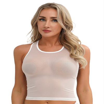 Jhaoyu Women Sexy Sheer Mesh Vest U Neck Sleeveless Crop Tops Transparent Tank Top Club Wear White Small