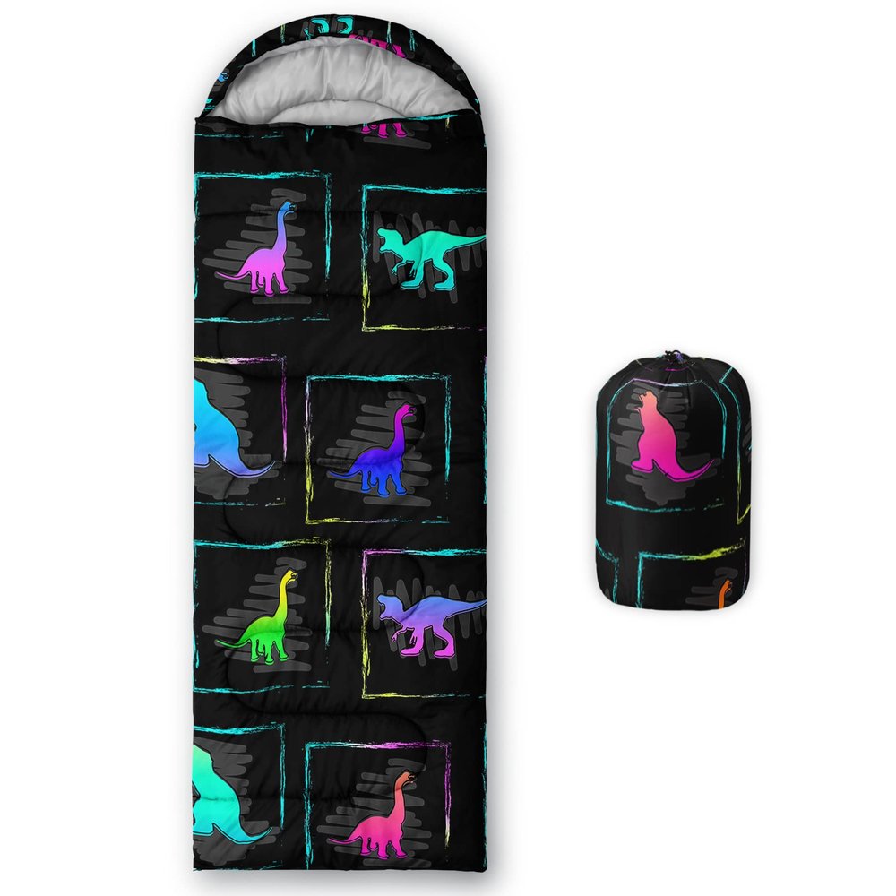 Axolotl Sleeping Bag for Kids,Neon Black Dinosaur Camping Sleeping Bag Lightweight Warm Portable Outdoor Indoor,Waterproof Sleeping Bag with Compression Sack for Camping Backpacking Hiking