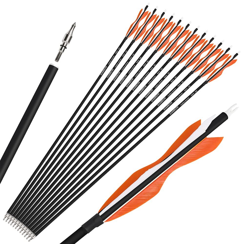 wolfman 31" Carbon Arrows Archery Hunting Arrows Targeting Practice Arrows with 5" Turkey Feathers Spine 500 for Recurve Bow and Compound Bow 6/12pcs (Orange, 12pcs)