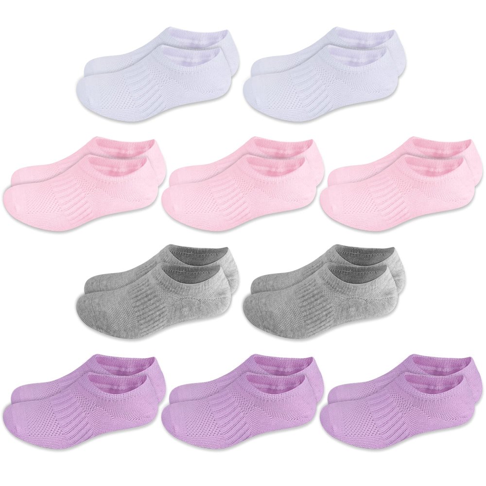 Cozi Foot 10 Pairs Boys Girls No Show Socks Cotton Non Slip Low Cut Socks (Large, C04-White/Gray/Pink/Purple)