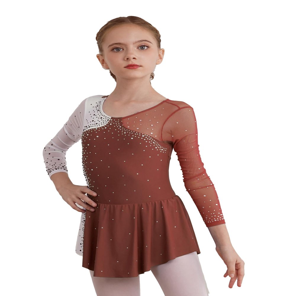 JEATHA Kids Girls Figure Ice Skating Dress Leotard Gymnastics Long Sleeve Color Block Mesh Rhinestones Dance Costume Reddish Brown E 8 Years