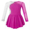 JEATHA Kids Girls Figure Ice Skating Dress Leotard Gymnastics Long Sleeve Color Block Mesh Rhinestones Dance Costume Rose E 8 Years view 3