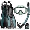 KUYOU Mask Fins Snorkeling Gear for Adults - Wide View Anti-Fog Mask, Full Dry Top Snorkel Gear Set (Dark Celadon, S/M) view 1