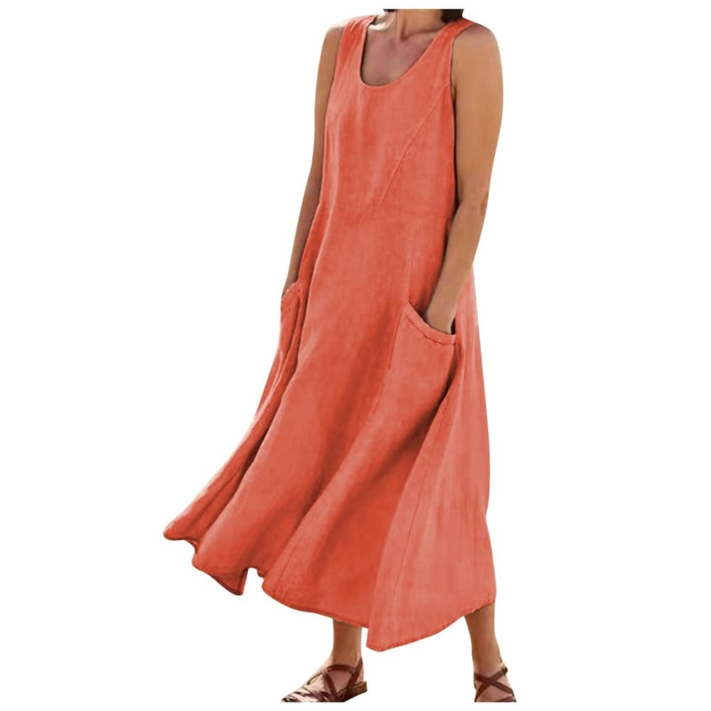 BAXLIMEK Boho Dresses for Women,2023 Spring Summer Casual Loose Sleeveless Plus Size Cotton Linen Dress,Trendy Plain Flowy Hem Maxi Dress Beach Vacation Wear(F-Orange,M)