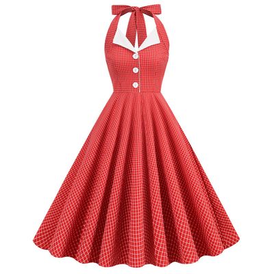 1950s Dresses for Women Vintage Plaid Halter Dress Summer A Line Midi Cocktail Evening Party Dress 50s Style Halter Dresses for Women Retro Audrey Hepburn Dresses 50s Dresses Button Red M