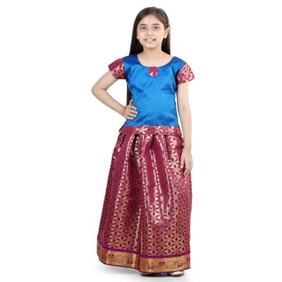 Kids Half Sleeve South Indian Pavda Pattu Blue Lehenga Choli Traditional Pooja Special Baby Girls Ethnic Wear, Party Wear 6 Month - 12 Months