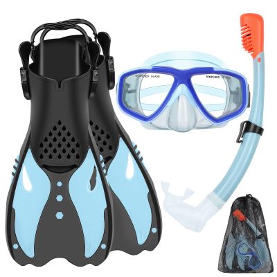 KUYOU Youth Snorkel Set for Ages 7-16 - Anti-Fog Mask, Full Dry Top Snorkel, Adjustable Fins - Premium Quality, Comfortable and Durable Set for Teen Snorkelers (Sea Sky Blue)