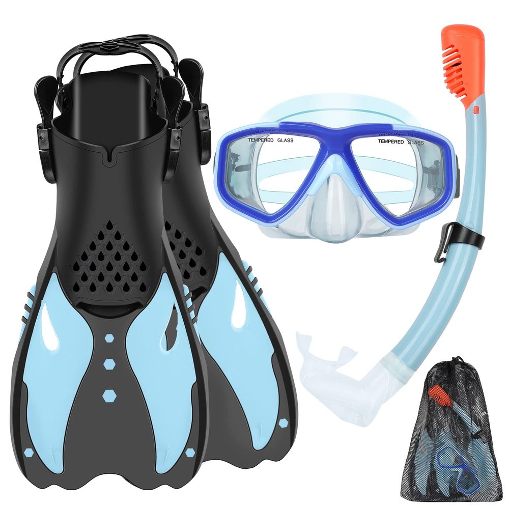 KUYOU Youth Snorkel Set for Ages 7-16 - Anti-Fog Mask, Full Dry Top Snorkel, Adjustable Fins - Premium Quality, Comfortable and Durable Set for Teen Snorkelers (Sea Sky Blue)