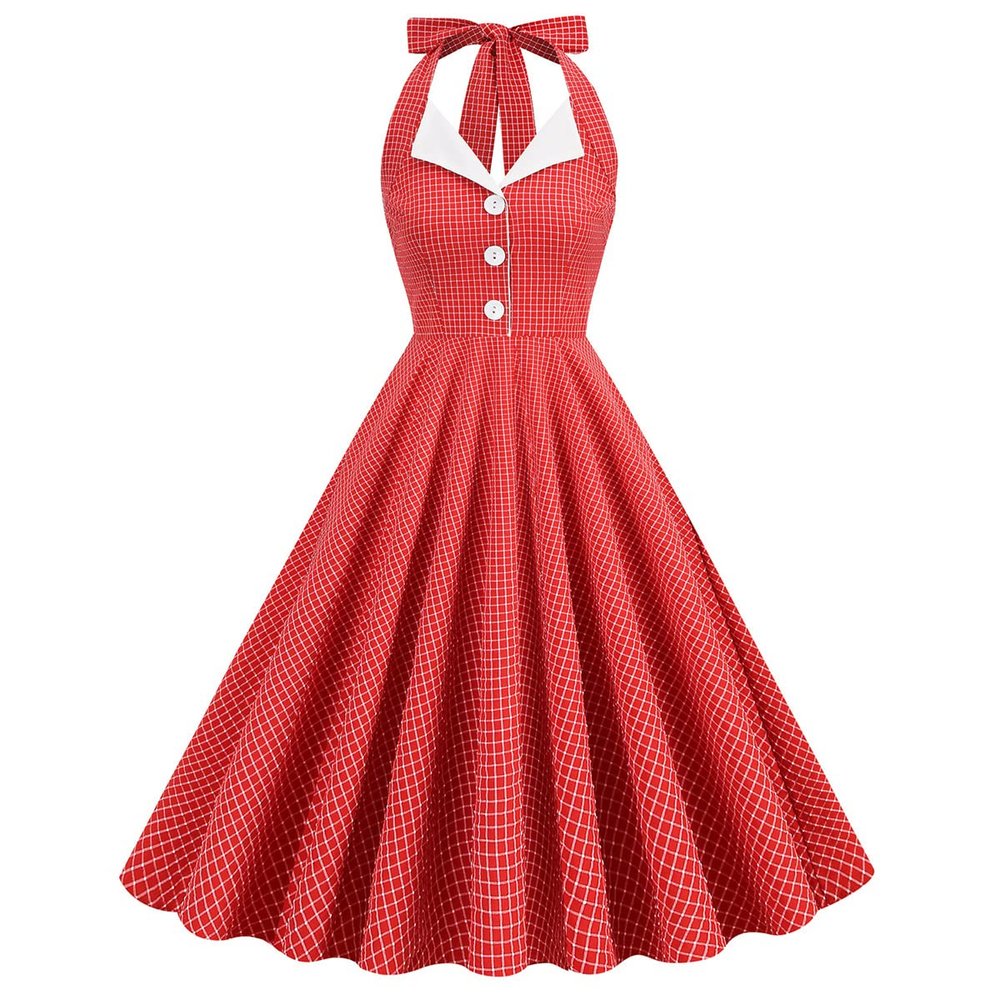 1950s Dresses for Women Vintage Plaid Halter Dress Summer A Line Midi Cocktail Evening Party Dress 50s Style Halter Dresses for Women Retro Audrey Hepburn Dresses 50s Dresses Button Red XL