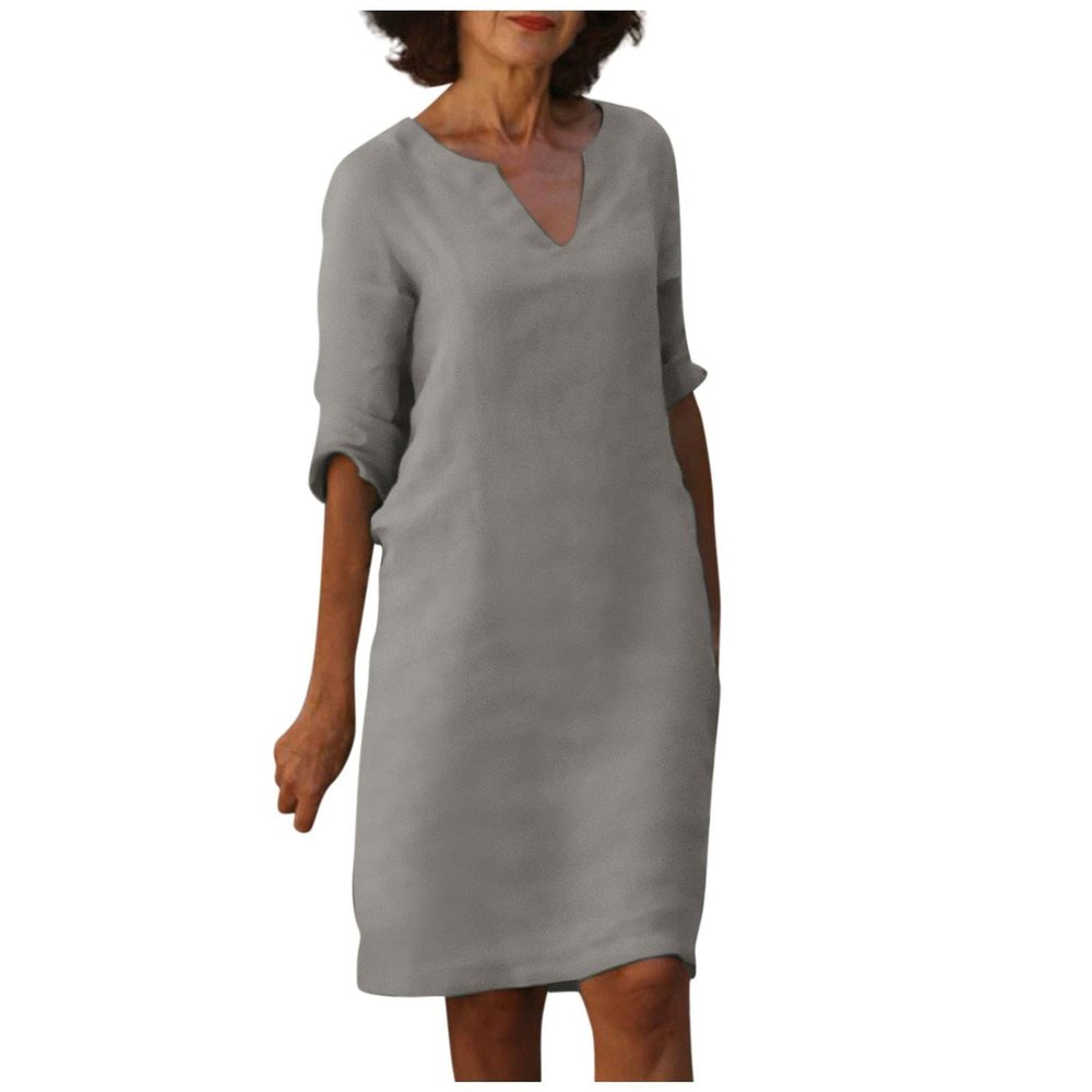 BAXLIMEK Cotton Linen Dresses for Women,2023 Spring Summer Casual Loose V Neck 3/4 Sleeve Midi Dress,Trendy Elegant Plain Boho Beach Dress Hawaiian Vacation Resort Outfits(E-Gray,2XL)
