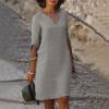 BAXLIMEK Cotton Linen Dresses for Women,2023 Spring Summer Casual Loose V Neck 3/4 Sleeve Midi Dress,Trendy Elegant Plain Boho Beach Dress Hawaiian Vacation Resort Outfits(E-Gray,2XL) view 2