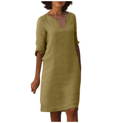 BAXLIMEK Cotton Linen Dresses for Women,2023 Spring Summer Casual Loose V Neck 3/4 Sleeve Midi Dress,Trendy Elegant Plain Boho Beach Dress Hawaiian Vacation Resort Outfits(E-Khaki,3XL)