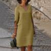 BAXLIMEK Cotton Linen Dresses for Women,2023 Spring Summer Casual Loose V Neck 3/4 Sleeve Midi Dress,Trendy Elegant Plain Boho Beach Dress Hawaiian Vacation Resort Outfits(E-Khaki,3XL) view 2