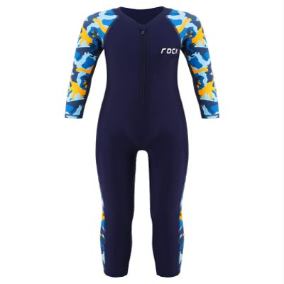 Hansber Kids Boys Girls One Piece Swimsuit Long Sleeve Printed Rash Guard Shirts for Summer Seaside Vacation Navy Blue 7-8Years