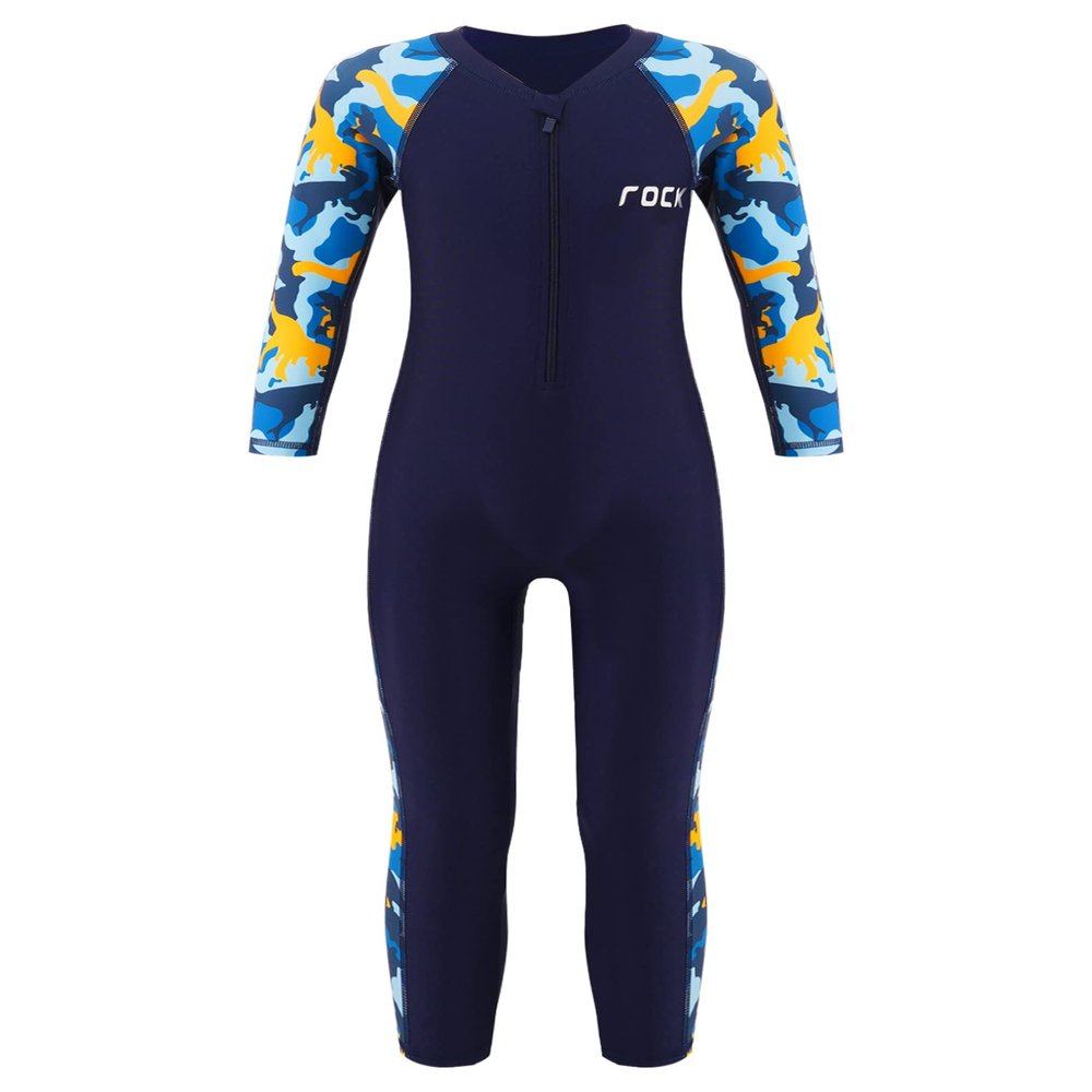Hansber Kids Boys Girls One Piece Swimsuit Long Sleeve Printed Rash Guard Shirts for Summer Seaside Vacation Navy Blue 7-8Years