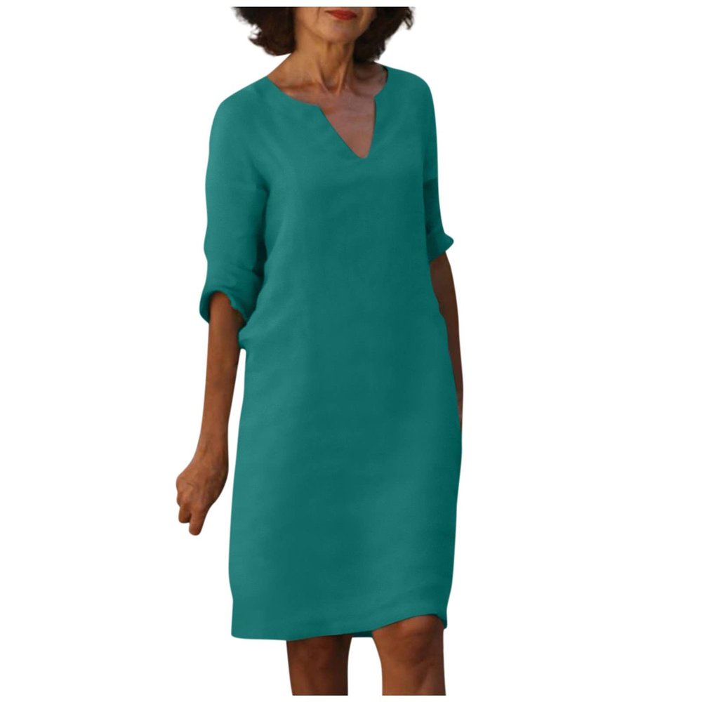 BAXLIMEK Cotton Linen Dresses for Women,2023 Spring Summer Casual Loose V Neck 3/4 Sleeve Midi Dress,Trendy Elegant Plain Boho Beach Dress Hawaiian Vacation Resort Outfits(E-Green,L)