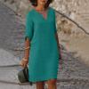 BAXLIMEK Cotton Linen Dresses for Women,2023 Spring Summer Casual Loose V Neck 3/4 Sleeve Midi Dress,Trendy Elegant Plain Boho Beach Dress Hawaiian Vacation Resort Outfits(E-Green,3XL) view 2