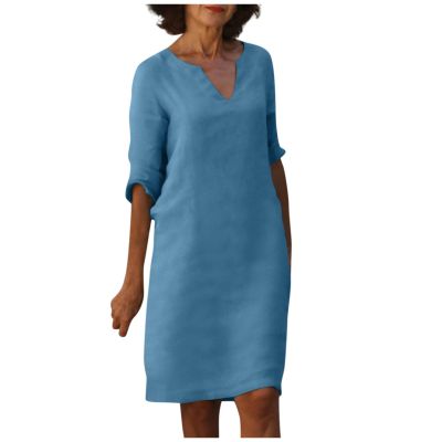 BAXLIMEK Cotton Linen Dresses for Women,2023 Spring Summer Casual Loose V Neck 3/4 Sleeve Midi Dress,Trendy Elegant Plain Boho Beach Dress Hawaiian Vacation Resort Outfits(E-Light Blue,L)